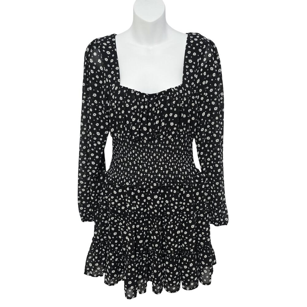 Y2K Trixxi Women's Black Daisy Floral Milk Maid Dress Babydoll Square Neck Large